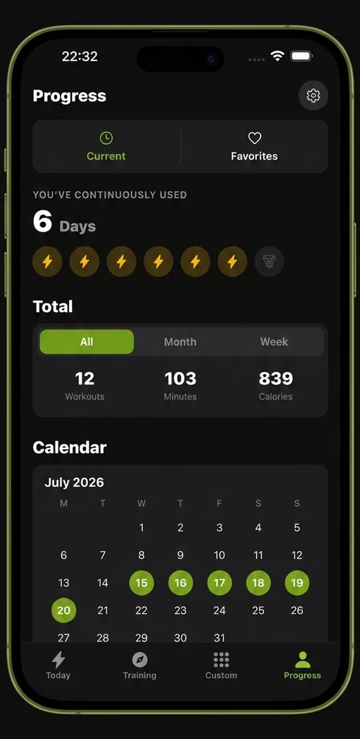 Military Calisthenics Coach progress tab with streak and workout history