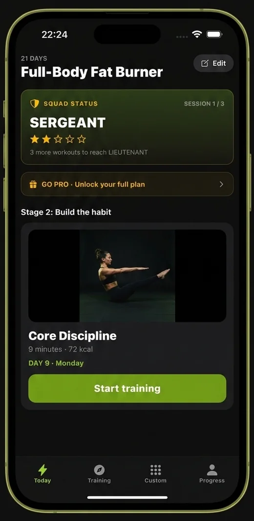 Military Calisthenics Coach showing today's session and squad rank